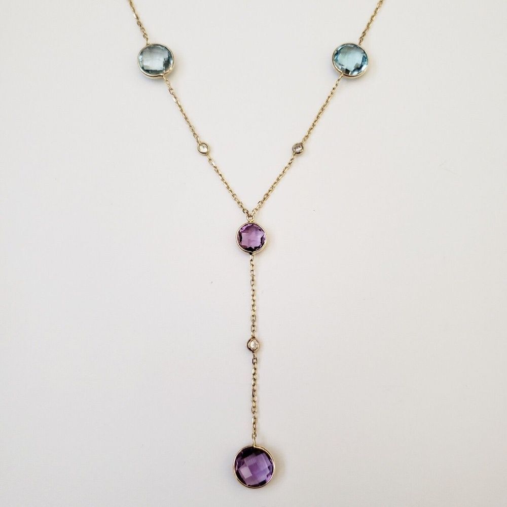 14K Yellow Gold Blue Topaz Amethyst Y-Drop Necklace